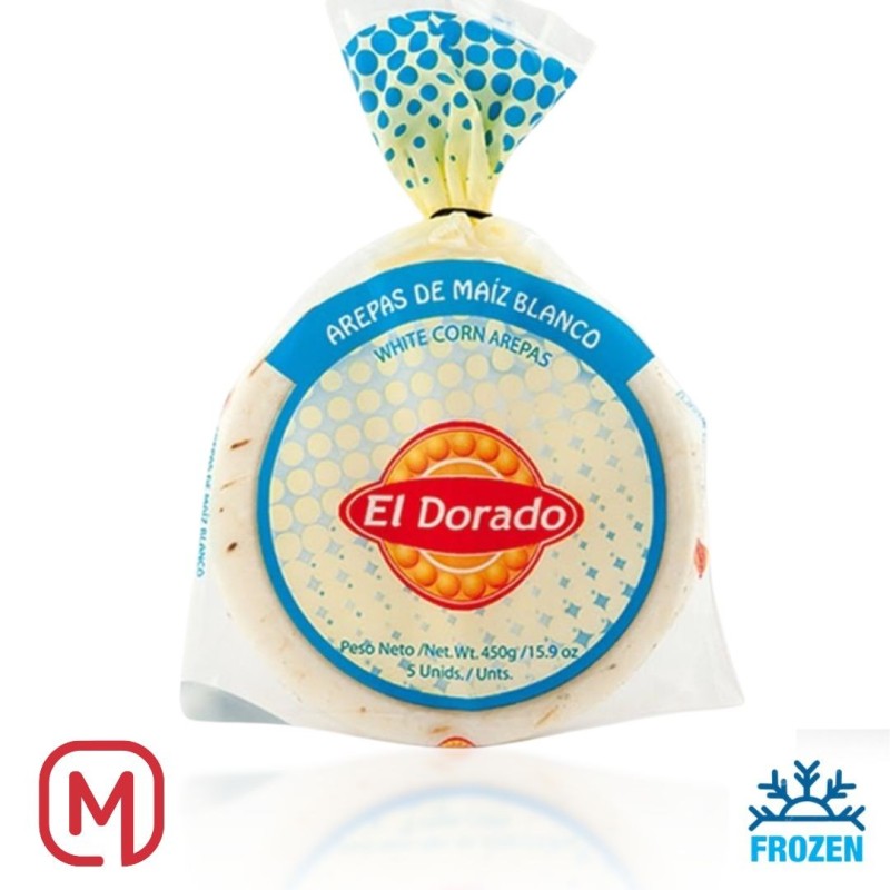 Arepas di mais bianchi, 5 pezzi, 450 grammi. Marchio El Dorado.